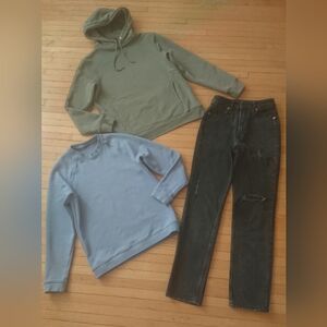 H&M 3-piece set: straight Jeans + Olive and Blue Sweatshirts, size XS-S